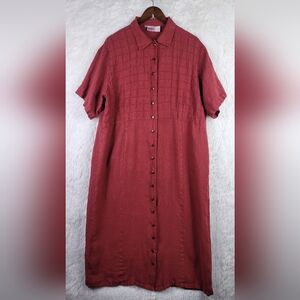 Kiko XL Red Full Button Front 100% Linen Midi Maxi Shirt Dress Lagenlook